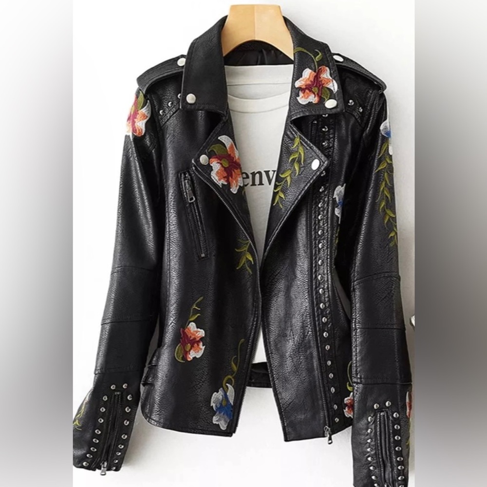 Faux leather jacket with floral embroidery and studs
